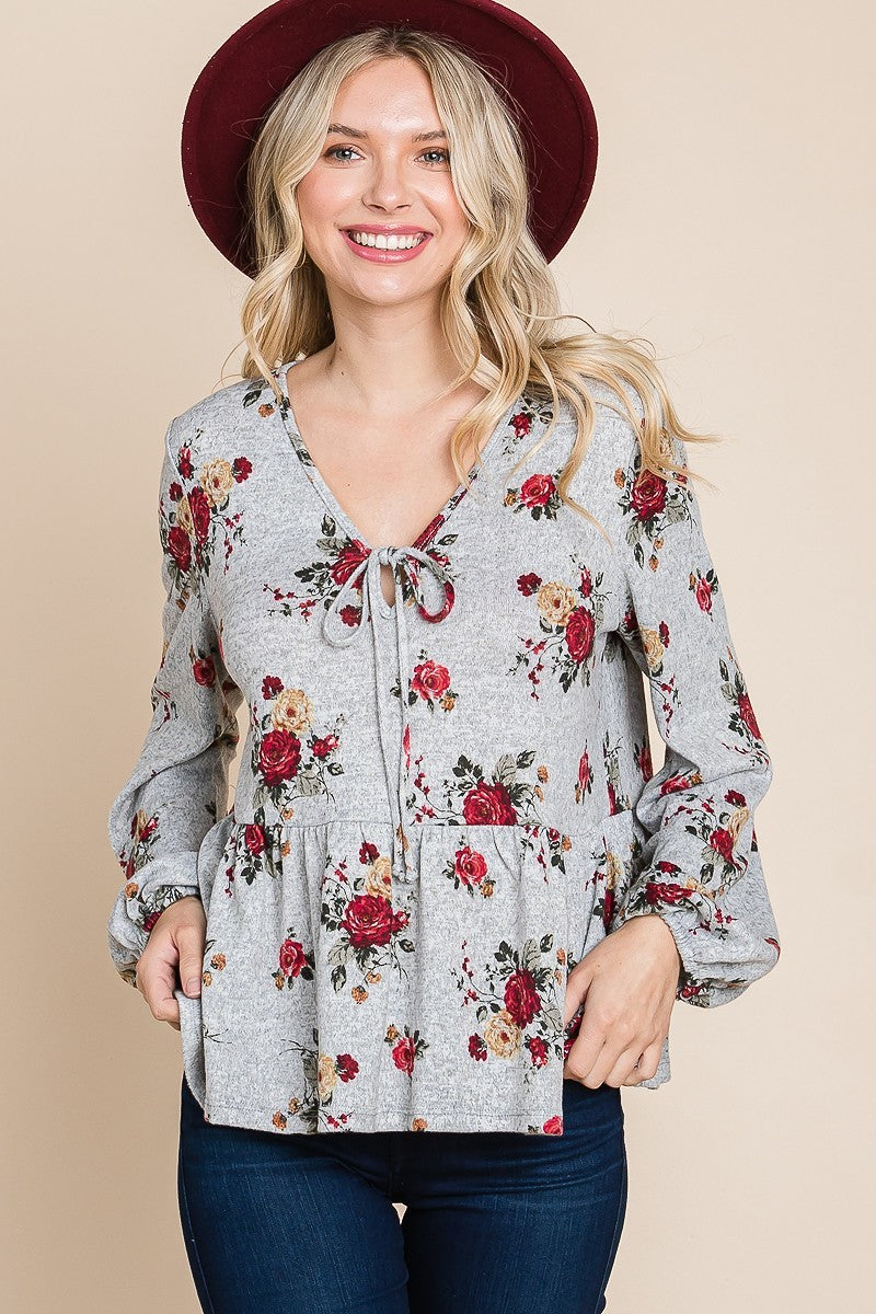 Floral Hacci Printed Babydoll Top With Elastic Cuff Sleeves-Product Type | Naughty Smile Fashion