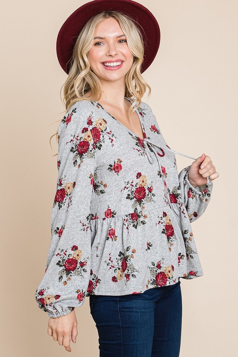 Floral Hacci Printed Babydoll Top With Elastic Cuff Sleeves-Product Type | Naughty Smile Fashion