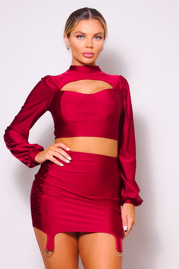 Puff Long Sleeve Front Cutout Turtleneck Blouse & Side Ruched Garter Mini Skirt Set-Product Type | Naughty Smile Fashion