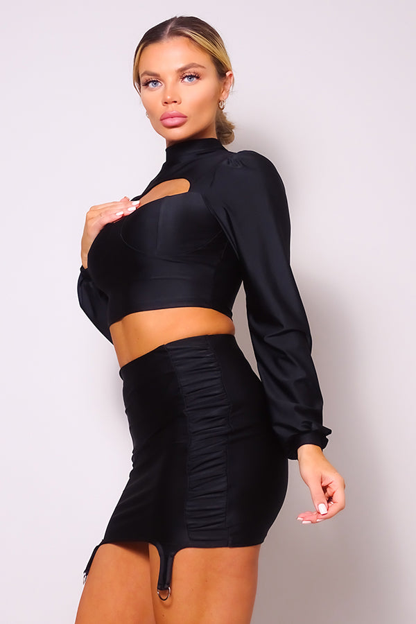 Puff Long Sleeve Front Cutout Turtleneck Blouse & Side Ruched Garter Mini Skirt Set-Product Type | Naughty Smile Fashion