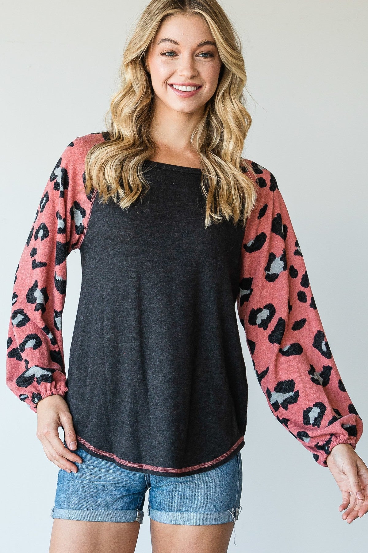 Round Neckline And Animal Print Color Block Top-Product Type | Naughty Smile Fashion