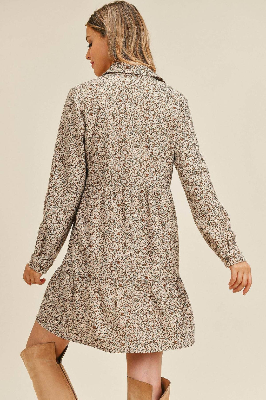 Corduroy Printed Button Down Front Collar Long Sleeve Dress-Product Type | Naughty Smile Fashion
