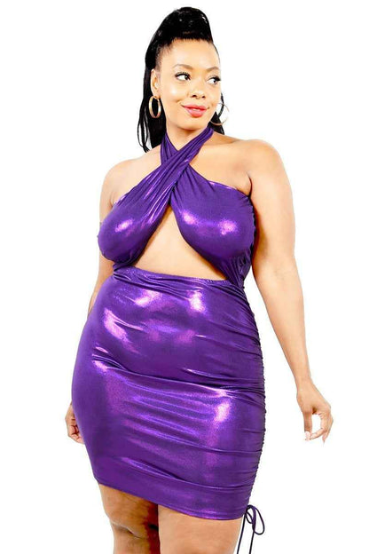 Plus Size Plus Metallic Cross Wrap Halter Mini Dress – Stylish & Comfortable – men’s fashion, stylish and versatile