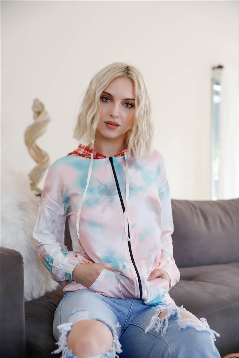 Feather & Tie-dye Print Contrast Plaid Hood Sweater-Product Type | Naughty Smile Fashion