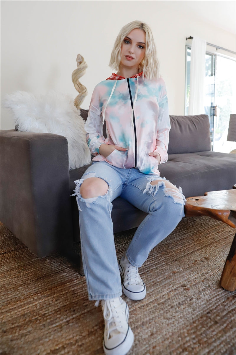 Feather & Tie-dye Print Contrast Plaid Hood Sweater-Product Type | Naughty Smile Fashion