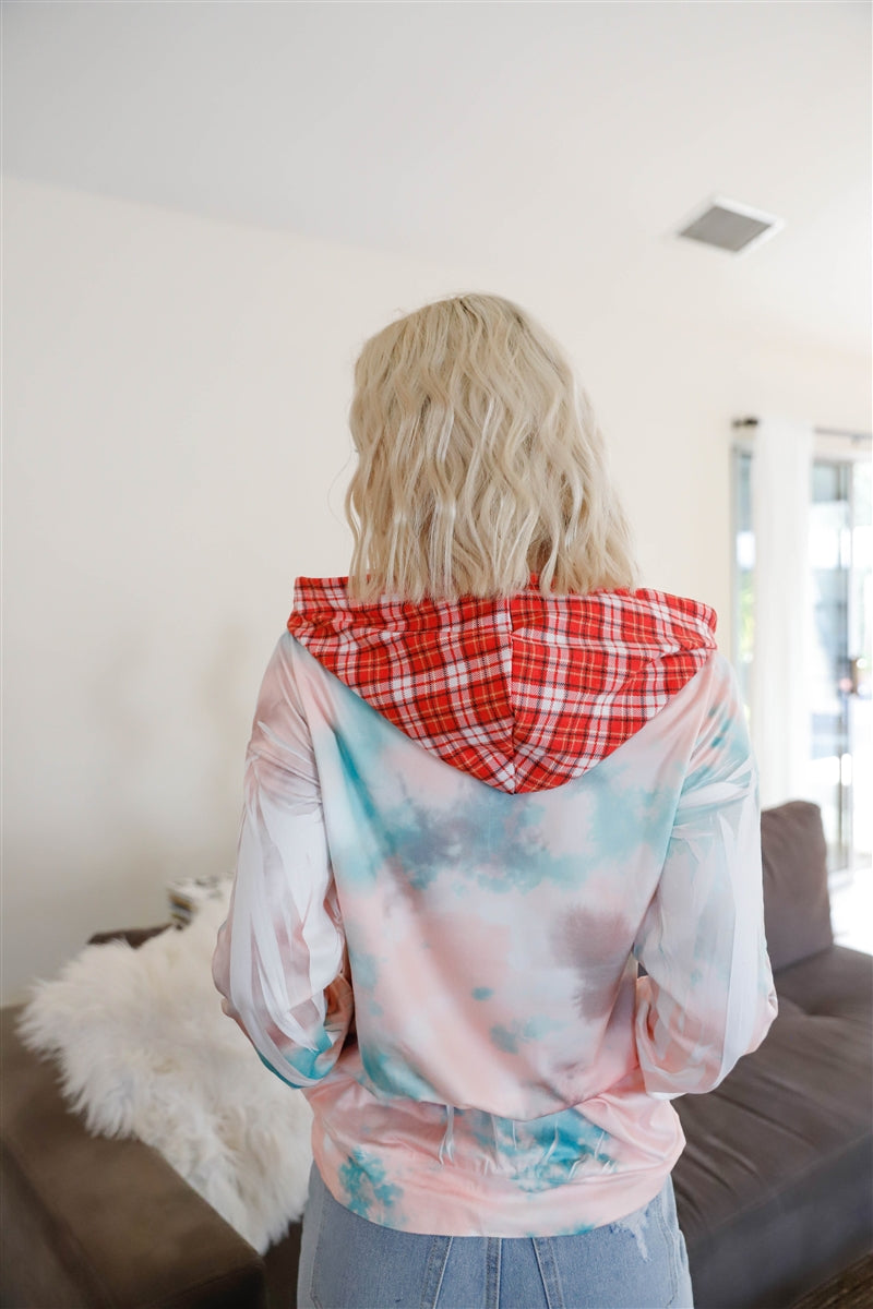 Feather & Tie-dye Print Contrast Plaid Hood Sweater-Product Type | Naughty Smile Fashion