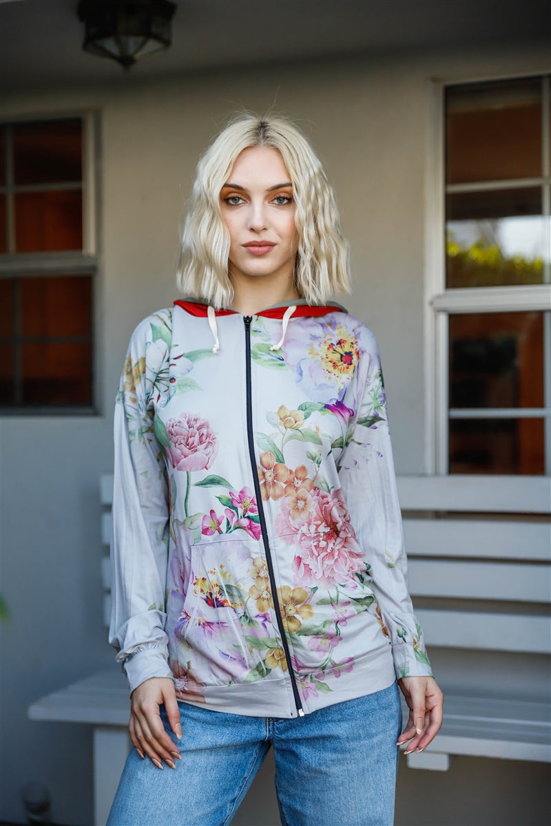 Grey Pink Flower Print Contrast Double Hood Sweater-Product Type | Naughty Smile Fashion