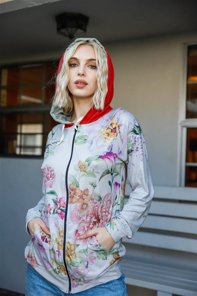 Grey Pink Flower Print Contrast Double Hood Sweater-Product Type | Naughty Smile Fashion