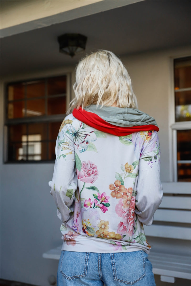 Grey Pink Flower Print Contrast Double Hood Sweater-Product Type | Naughty Smile Fashion