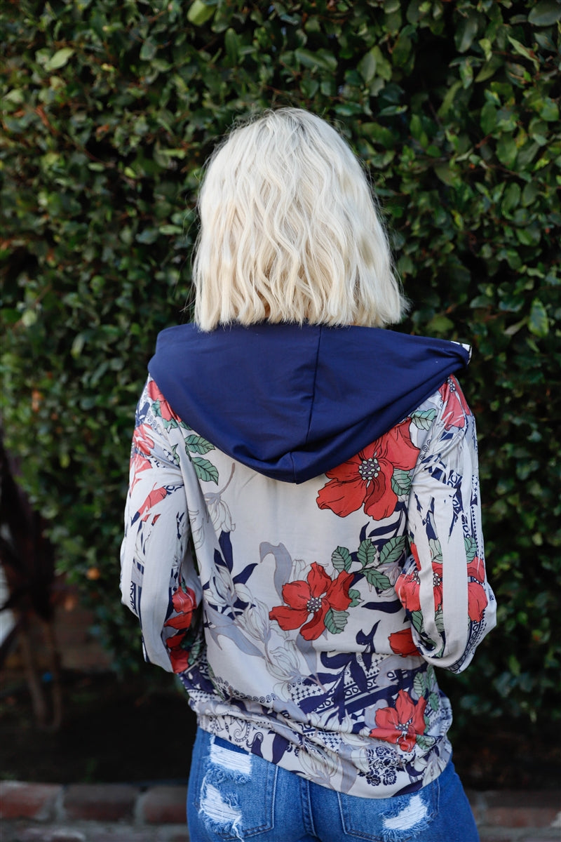 Navy Rust Flower Print Zip-up Contrast Striped Hood Sweater-Product Type | Naughty Smile Fashion