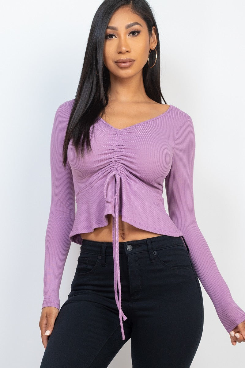 Ribbed Drawstring Front Long Sleeve Peplum Top-Product Type | Naughty Smile Fashion