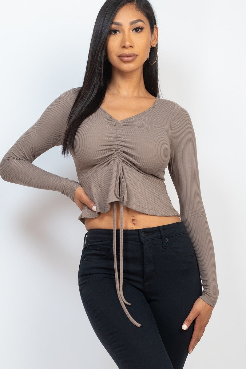 Ribbed Drawstring Front Long Sleeve Peplum Top-Product Type | Naughty Smile Fashion
