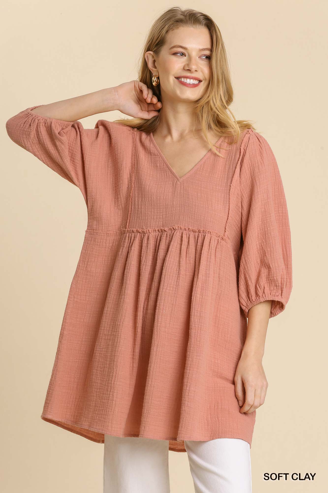 Gauze Slub V-neck Frayed Edge Detail Tunic Dress-Product Type | Naughty Smile Fashion