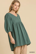 Gauze Slub V-neck Frayed Edge Detail Tunic Dress-Product Type | Naughty Smile Fashion