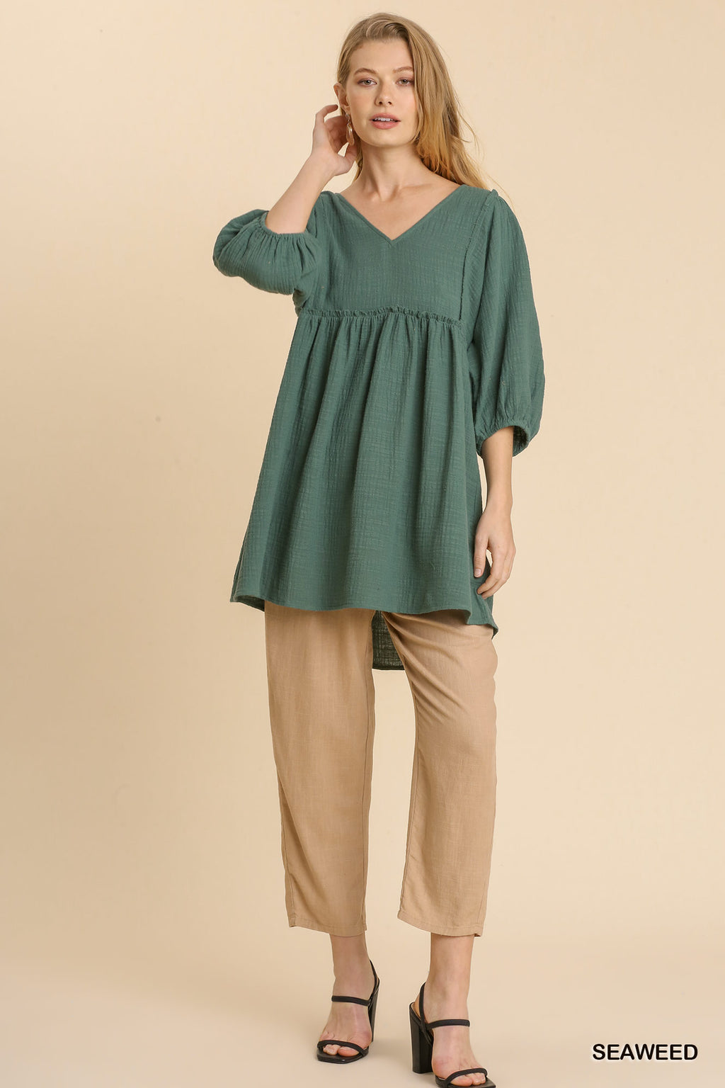 Gauze Slub V-neck Frayed Edge Detail Tunic Dress-Product Type | Naughty Smile Fashion
