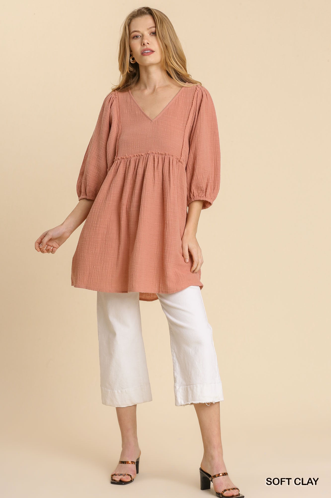 Gauze Slub V-neck Frayed Edge Detail Tunic Dress-Product Type | Naughty Smile Fashion