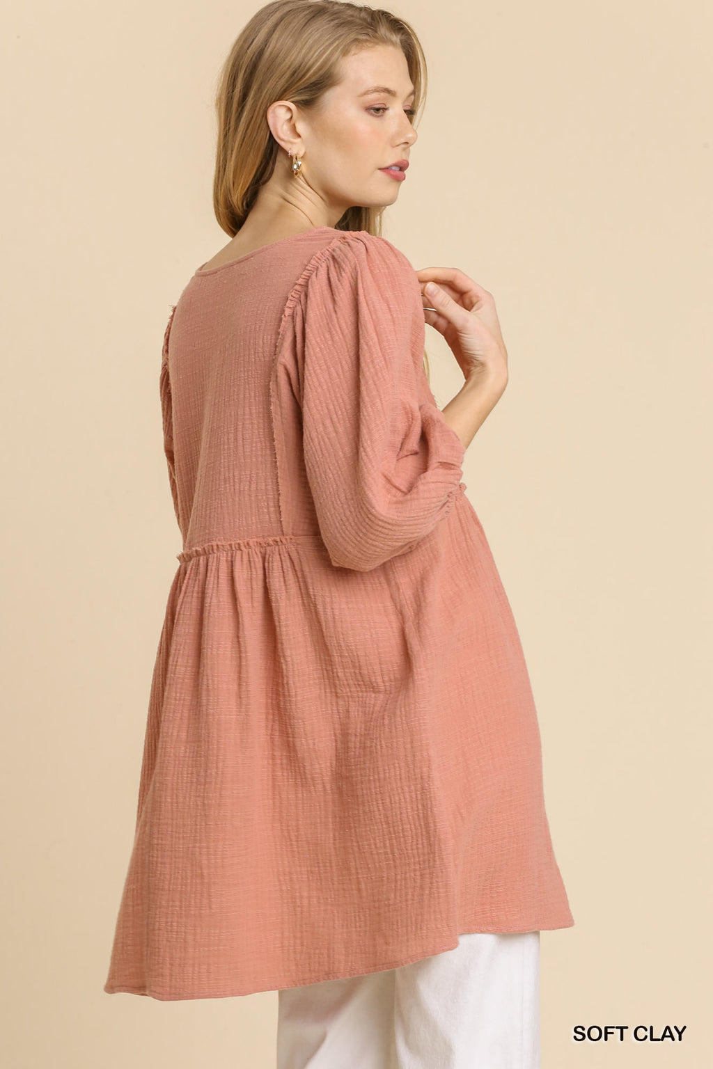 Gauze Slub V-neck Frayed Edge Detail Tunic Dress-Product Type | Naughty Smile Fashion