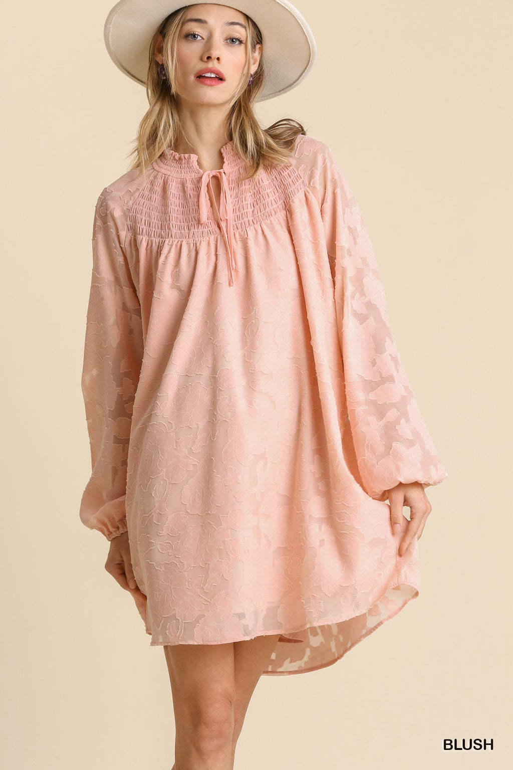 Jacquard Raglan Smocked Tie Neck Yoke Dress-Product Type | Naughty Smile Fashion