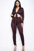 Solid Heavy Rayon Spandex Collared Tie Front Top And Ruched Pants Two Piece Set-Product Type | Naughty Smile Fashion