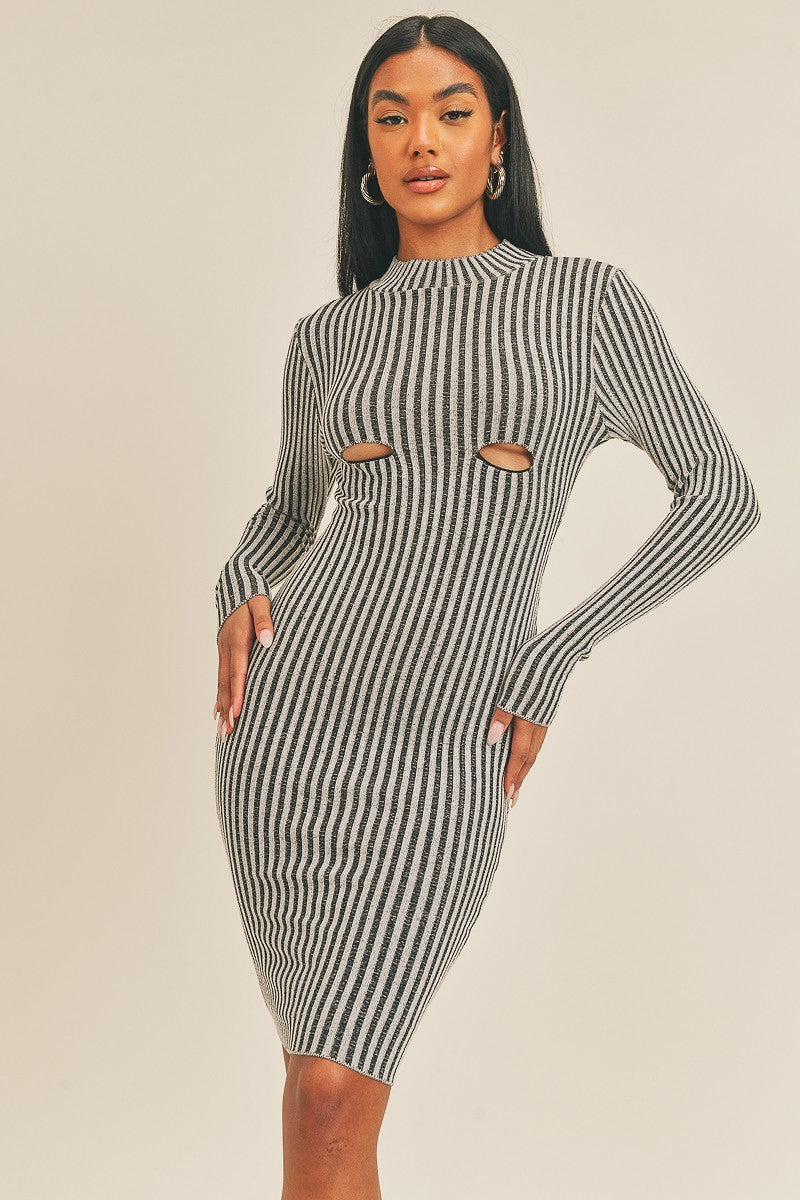Long Sleeve Stripe Print Midi Dress-Product Type | Naughty Smile Fashion