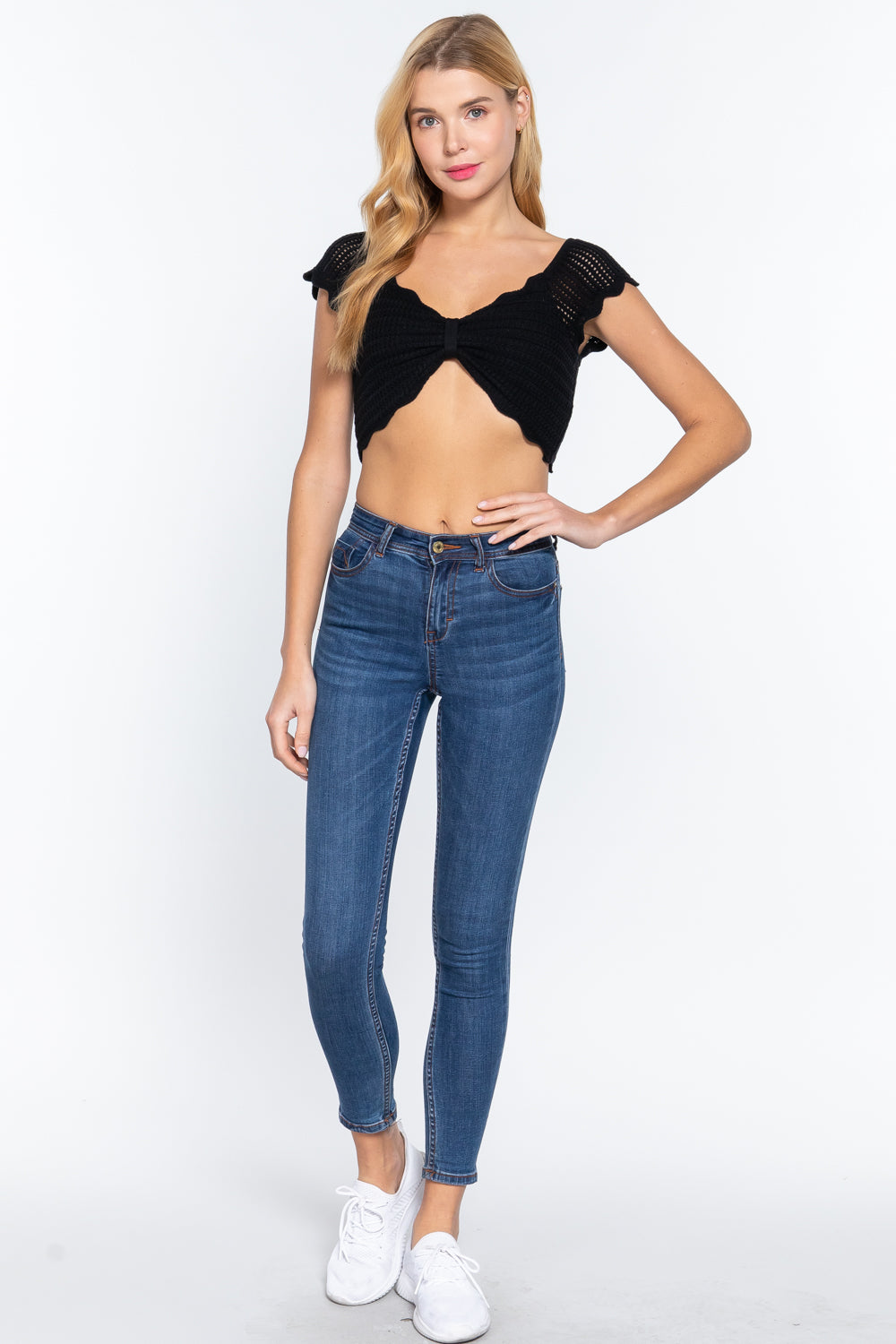 Short Sleeve V-neck Front Knot Detail Sweater Knit Crop Top-Product Type | Naughty Smile Fashion
