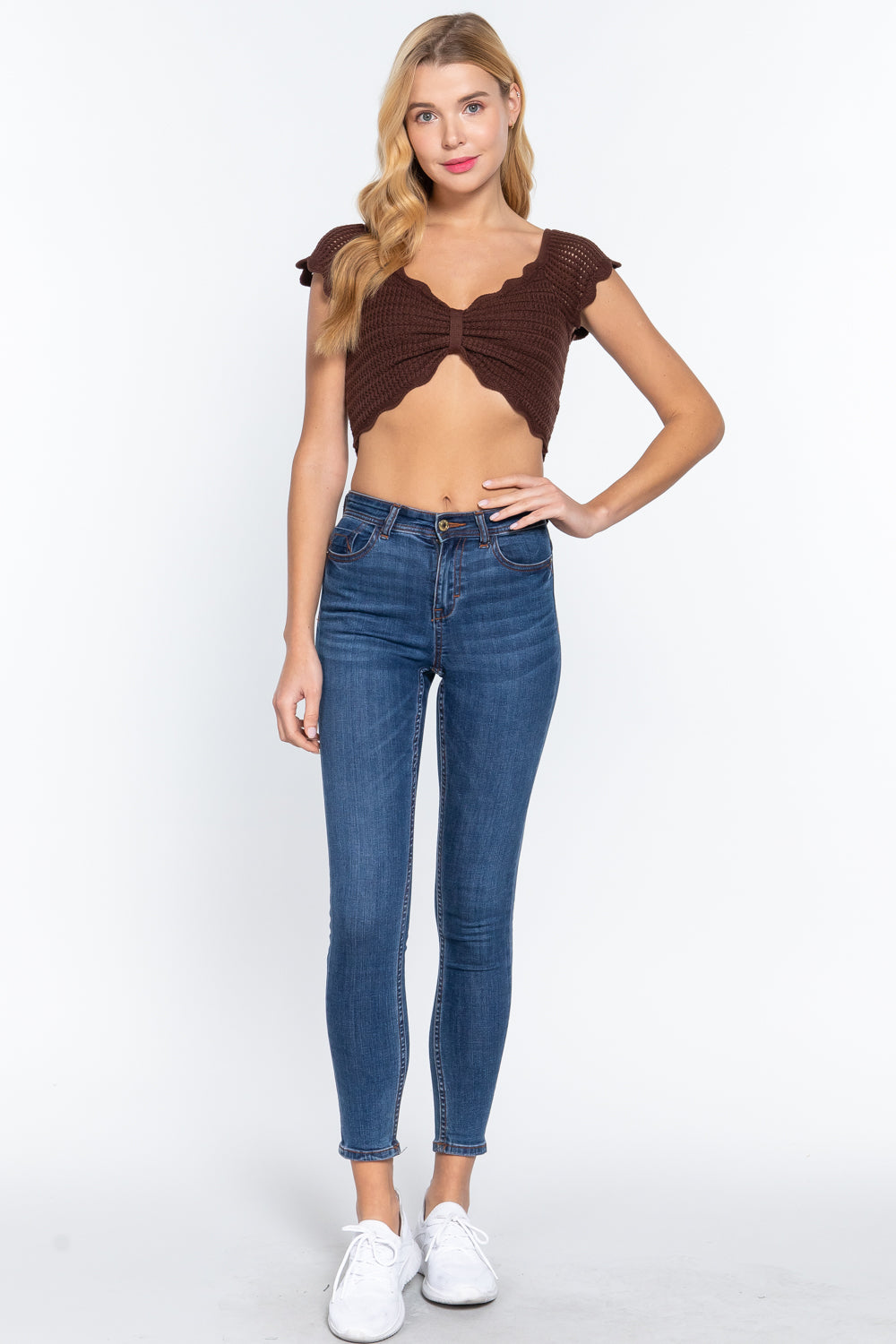 Short Sleeve V-neck Front Knot Detail Sweater Knit Crop Top-Product Type | Naughty Smile Fashion