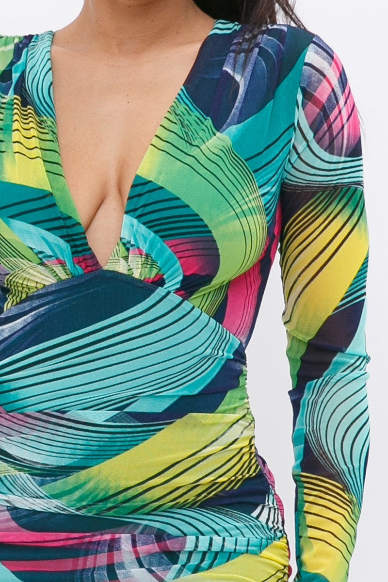 Long Sleeve Printed V-neck Dress-Product Type | Naughty Smile Fashion