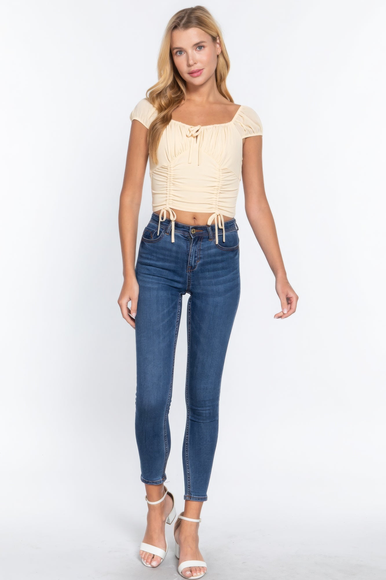 Short Sleeve Front Tie Ruched Detail Woven Top-Product Type | Naughty Smile Fashion