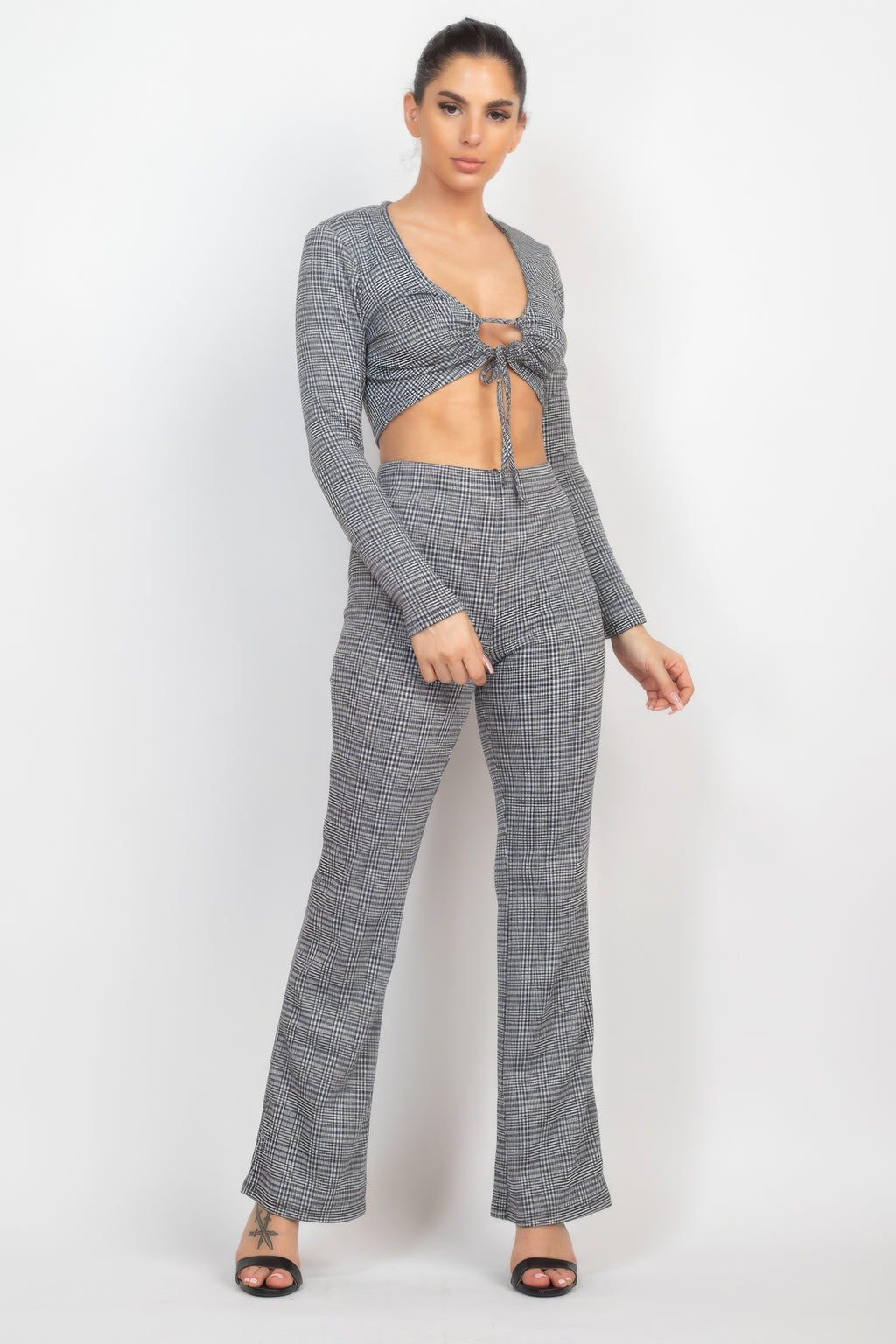 Plaid Cut-out Long Sleeve Top & Pants Set-Product Type | Naughty Smile Fashion