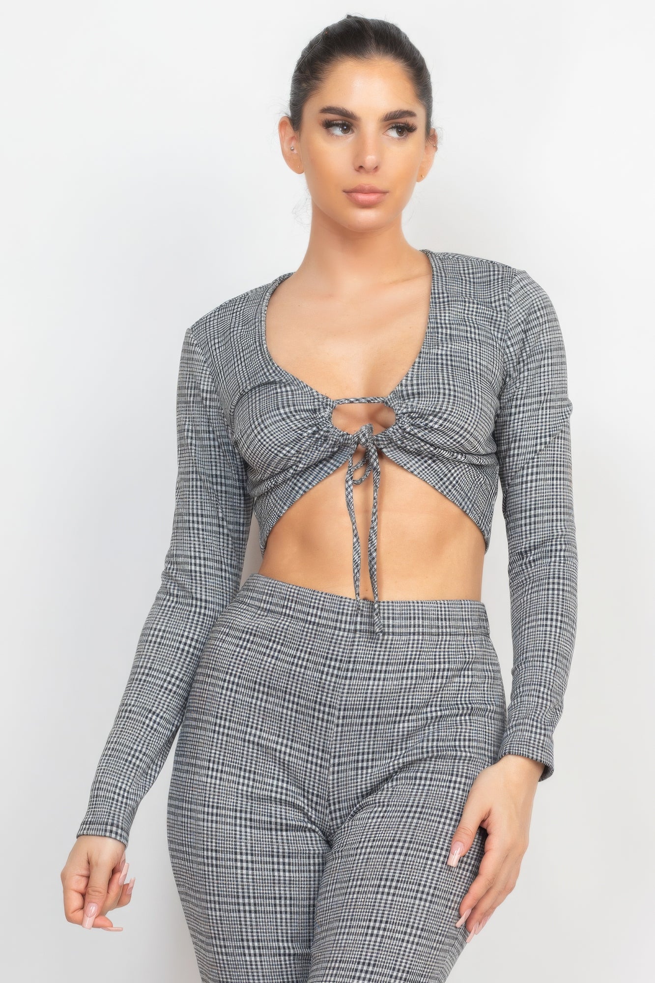 Plaid Cut-out Long Sleeve Top & Pants Set-Product Type | Naughty Smile Fashion