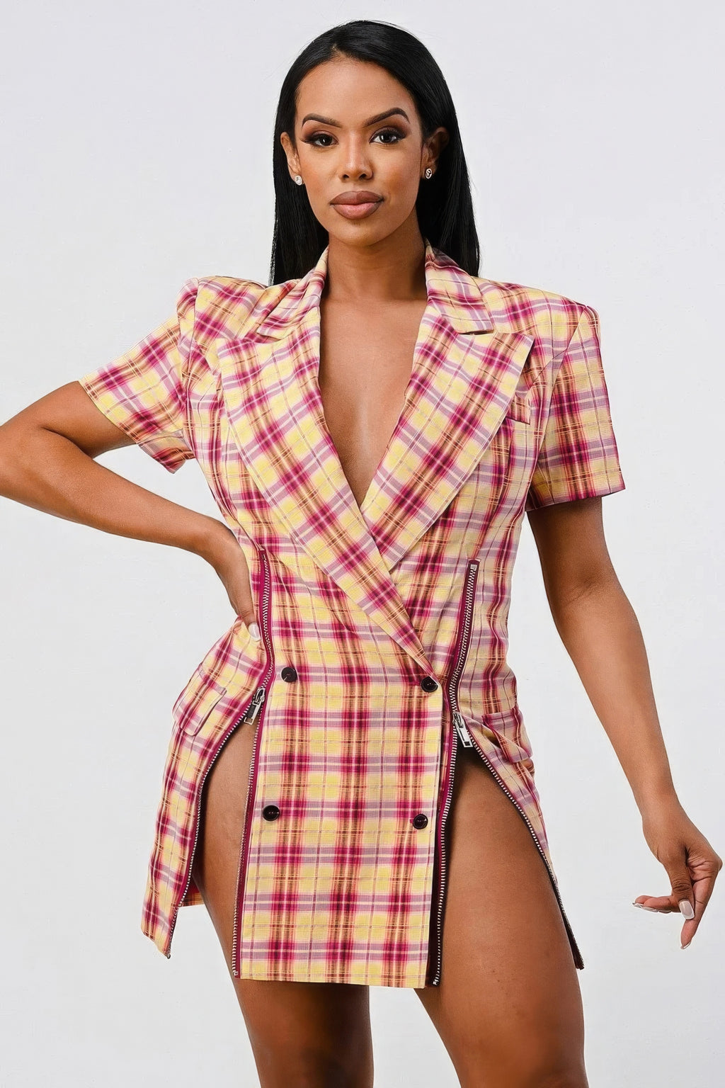 Wide Collared Double Breasted Plaid Blazer Mini Dress-Product Type | Naughty Smile Fashion