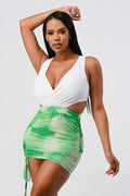 White Sleeveless Top With Detachable Rhinestone Cross Open Back With Bodycon Tie Dye Ruched Mini Dress-Product Type | Naughty Smile Fashion