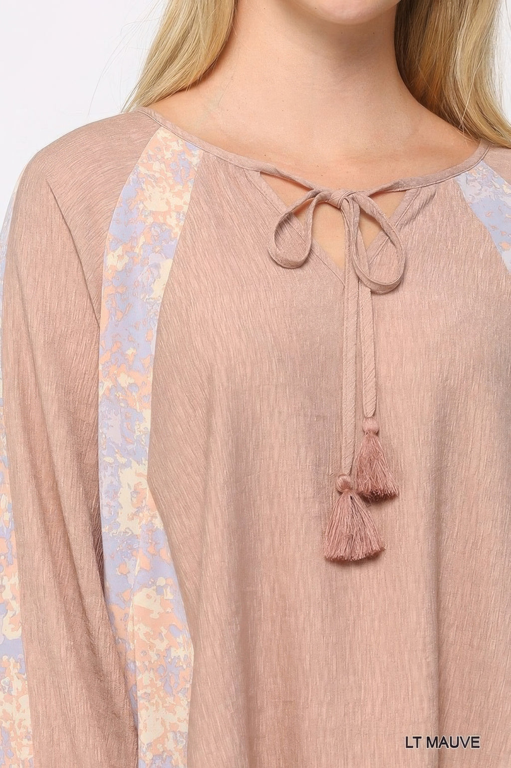 Solid Crinkle And Print Mix Raglan Sleeve Top With Tassel Tie-Product Type | Naughty Smile Fashion