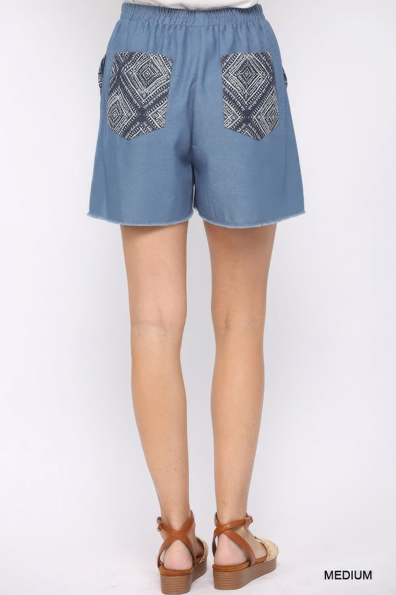 Denim And Print Pockets Elastic Waist Shorts With Raw Hem-Product Type | Naughty Smile Fashion