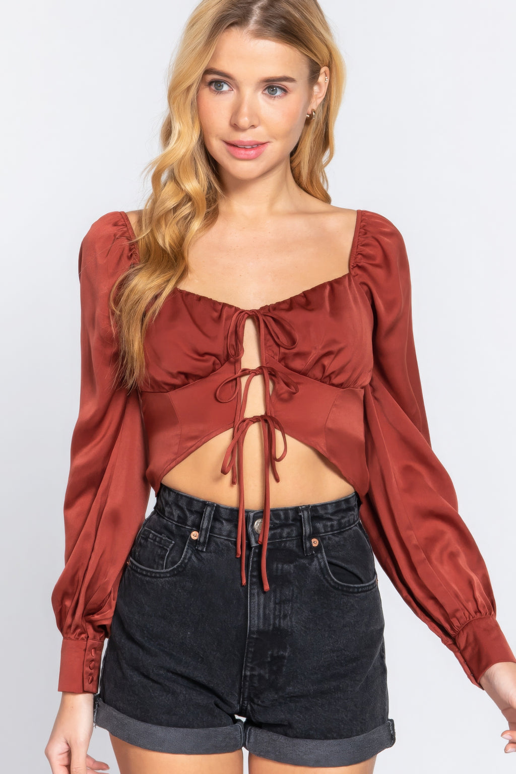 Long Sleeve Sweetheart Neck Front Ribbon Tie Detail Woven Top-Product Type | Naughty Smile Fashion
