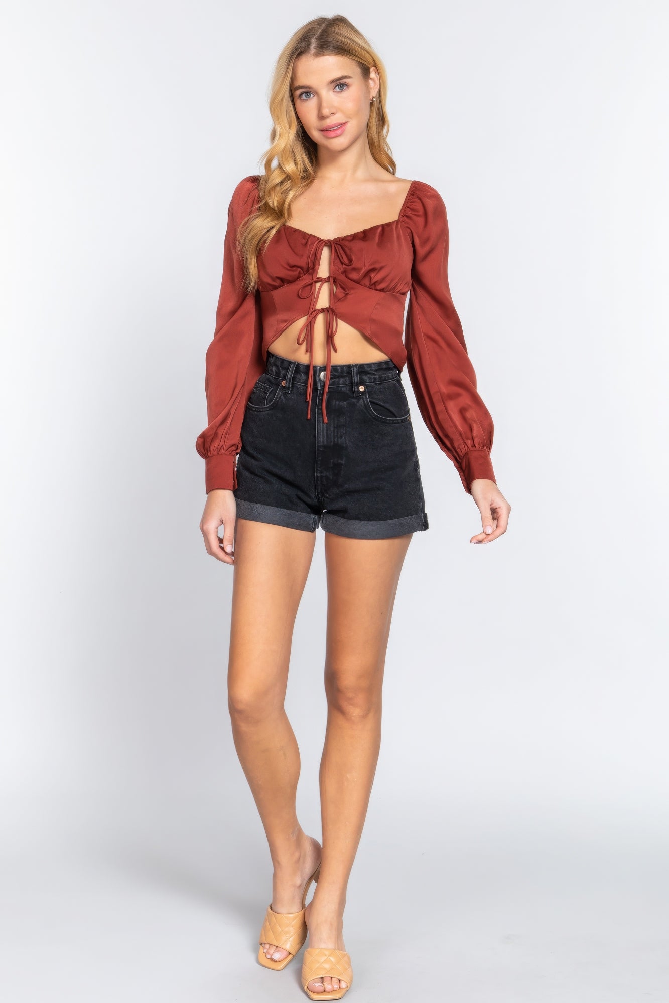 Long Sleeve Sweetheart Neck Front Ribbon Tie Detail Woven Top-Product Type | Naughty Smile Fashion