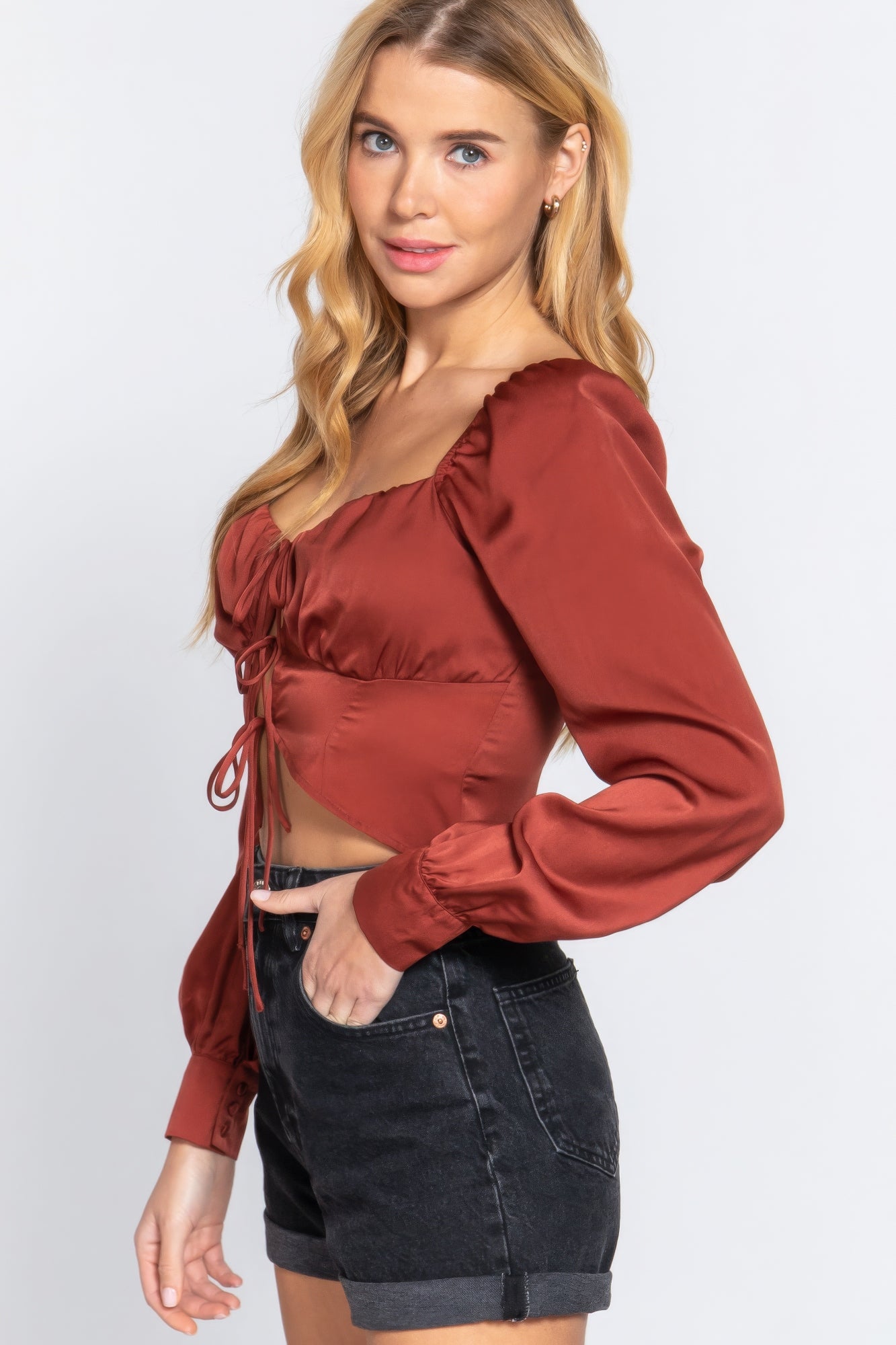Long Sleeve Sweetheart Neck Front Ribbon Tie Detail Woven Top-Product Type | Naughty Smile Fashion
