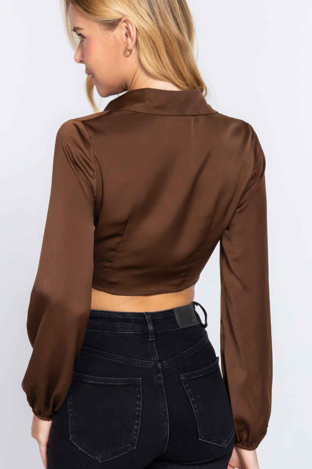 Long Sleeve Notched Collar Front Twisted Detail Crop Woven Top-Product Type | Naughty Smile Fashion