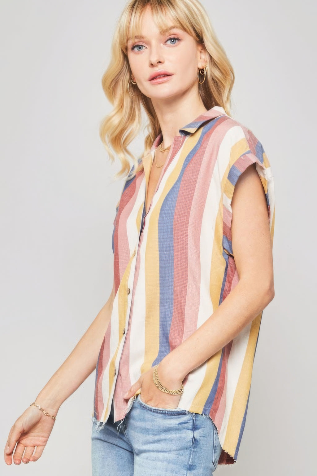 A Woven Shirt In Multicolor Striped With Collared Neckline-Product Type | Naughty Smile Fashion