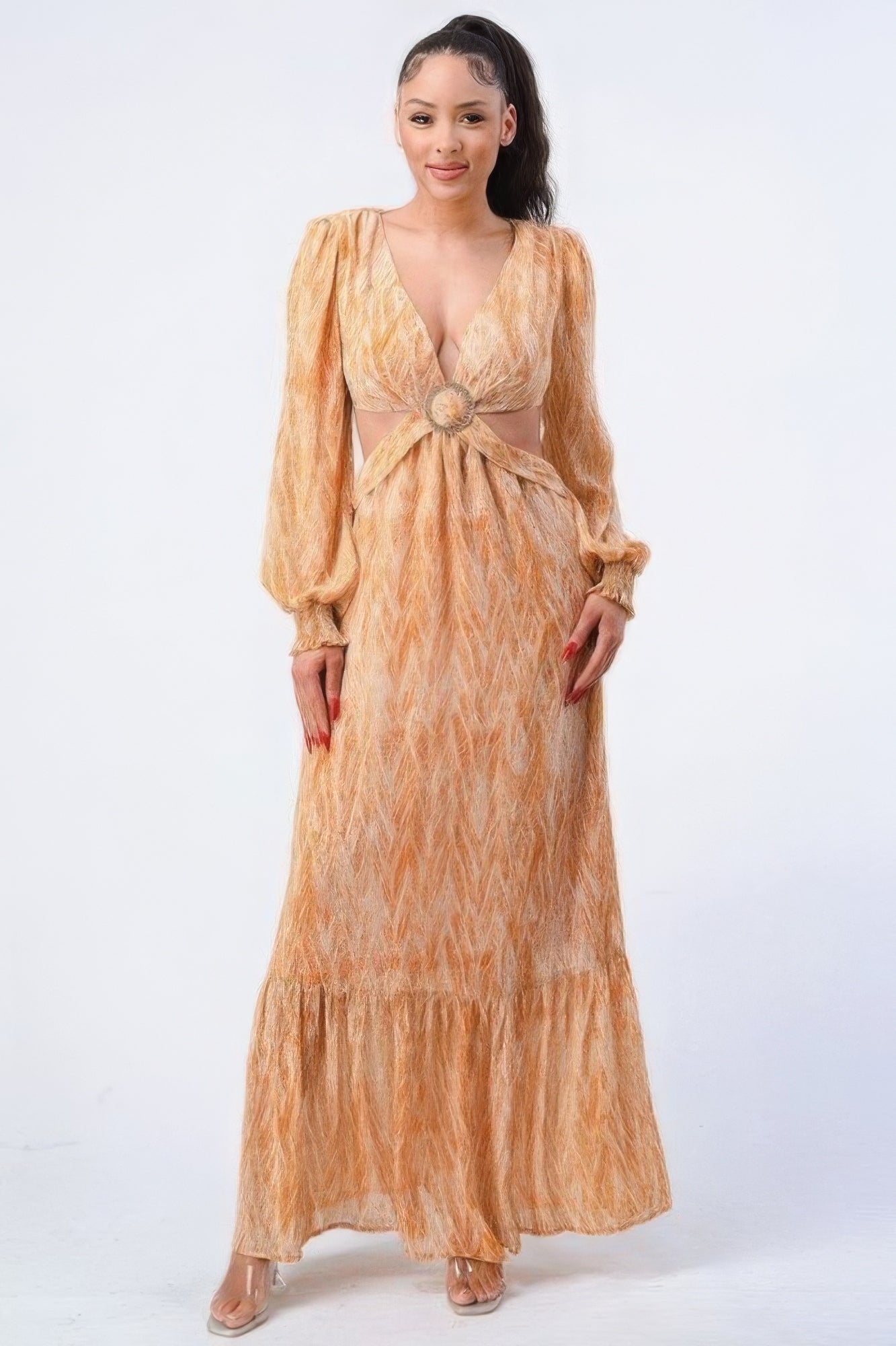 Printed V Neck Self Belted Side Cut Out Ruffled Maxi Dress-Product Type | Naughty Smile Fashion