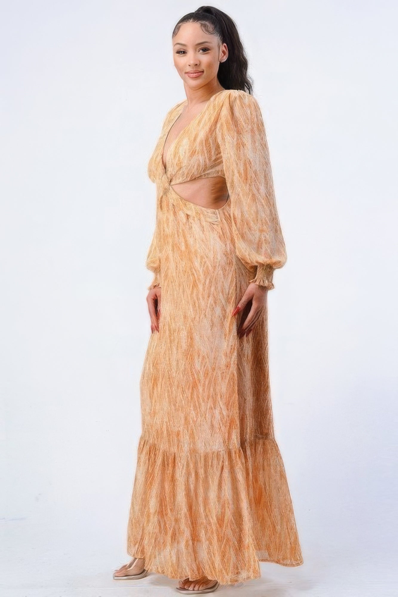 Printed V Neck Self Belted Side Cut Out Ruffled Maxi Dress-Product Type | Naughty Smile Fashion