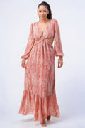 Printed V Neck Self Belted Side Cut Out Ruffled Maxi Dress-Product Type | Naughty Smile Fashion