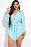 Solid Collared Long Sleeve Shirt With Waist Tie And Short Two Piece Set-Product Type | Naughty Smile Fashion