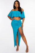 Solid Ity Off The Shoulder Ruffled Cropped Top And Ruched Maxi Skirt Two Piece Set-Product Type | Naughty Smile Fashion