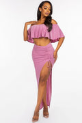 Solid Ity Off The Shoulder Ruffled Cropped Top And Ruched Maxi Skirt Two Piece Set-Product Type | Naughty Smile Fashion