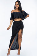 Solid Ity Off The Shoulder Ruffled Cropped Top And Ruched Maxi Skirt Two Piece Set-Product Type | Naughty Smile Fashion