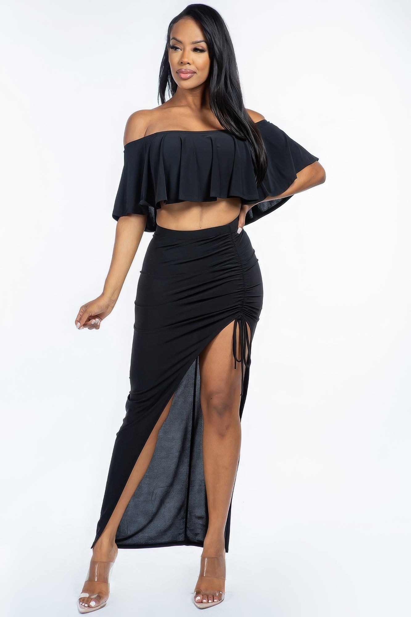 Solid Ity Off The Shoulder Ruffled Cropped Top And Ruched Maxi Skirt Two Piece Set-Product Type | Naughty Smile Fashion