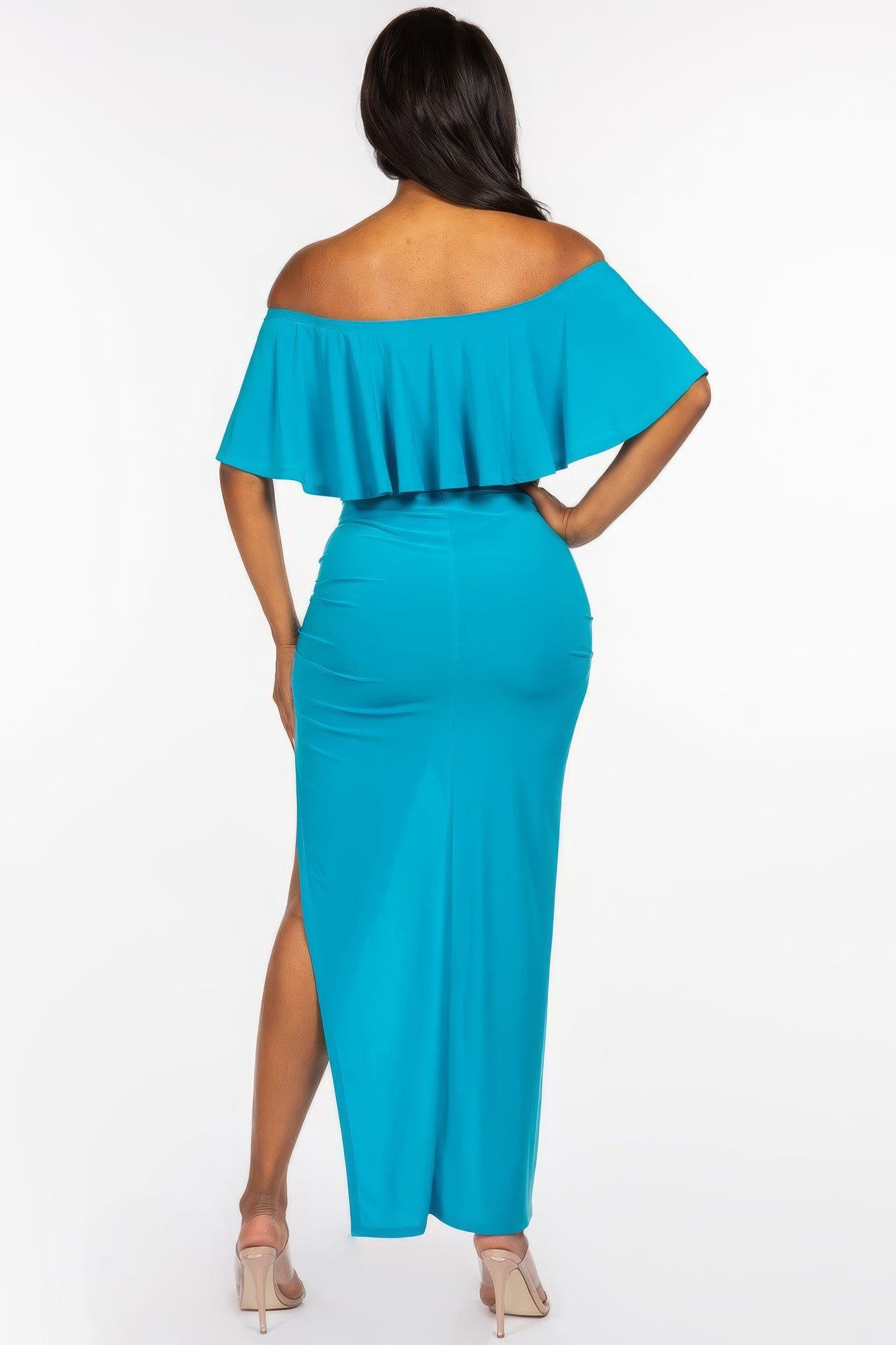 Solid Ity Off The Shoulder Ruffled Cropped Top And Ruched Maxi Skirt Two Piece Set-Product Type | Naughty Smile Fashion