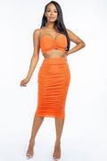 Solid Ruched Spaghetti Strap Tank Top And Midi Skirt Two Piece Set-Product Type | Naughty Smile Fashion