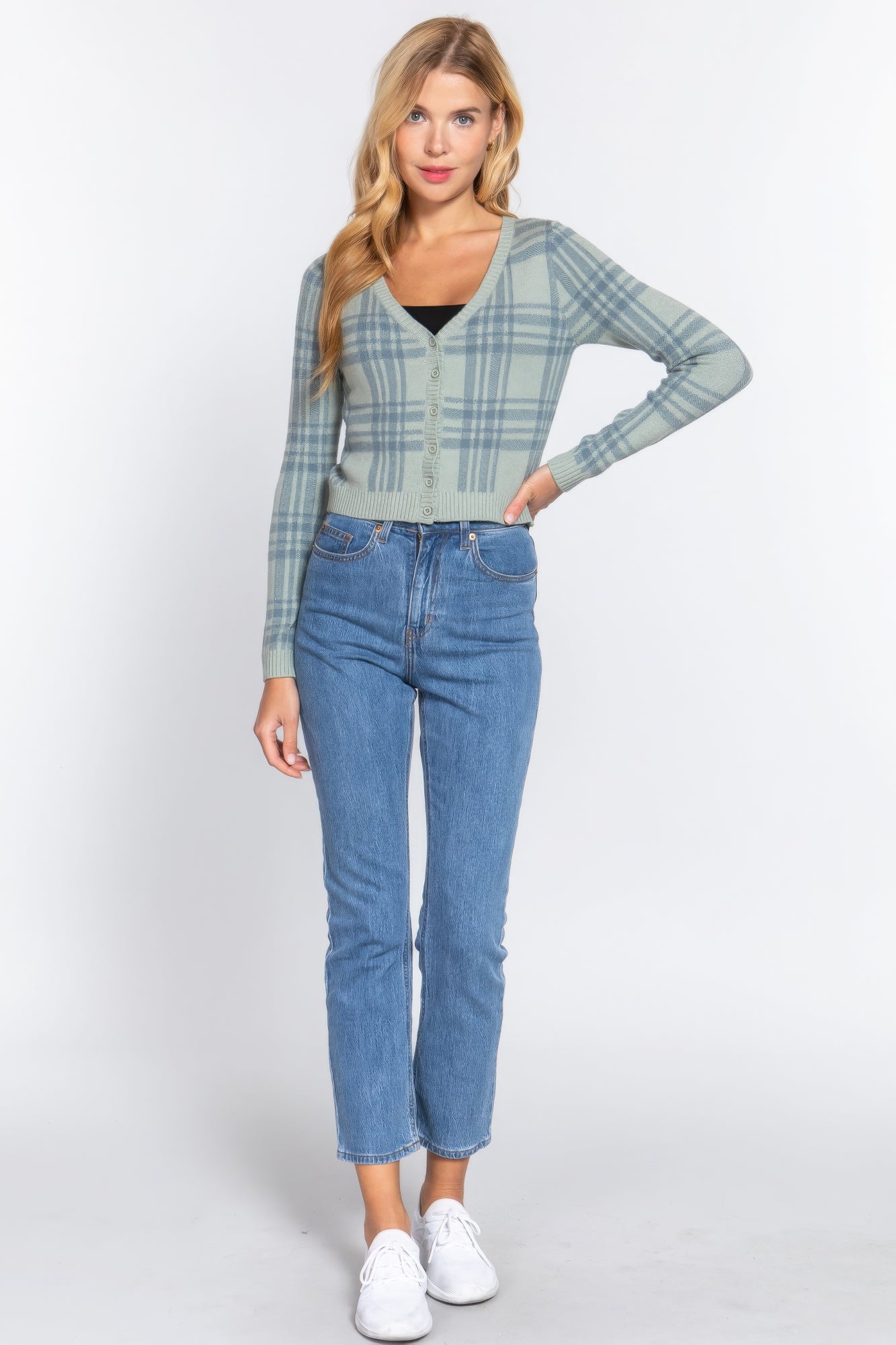Long Sleeve V-neck Fitted Button Down Plaid Sweater Cardigan-Product Type | Naughty Smile Fashion